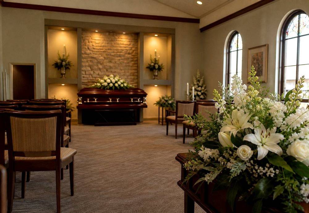 Quiet chapel interior prepared for visitation
